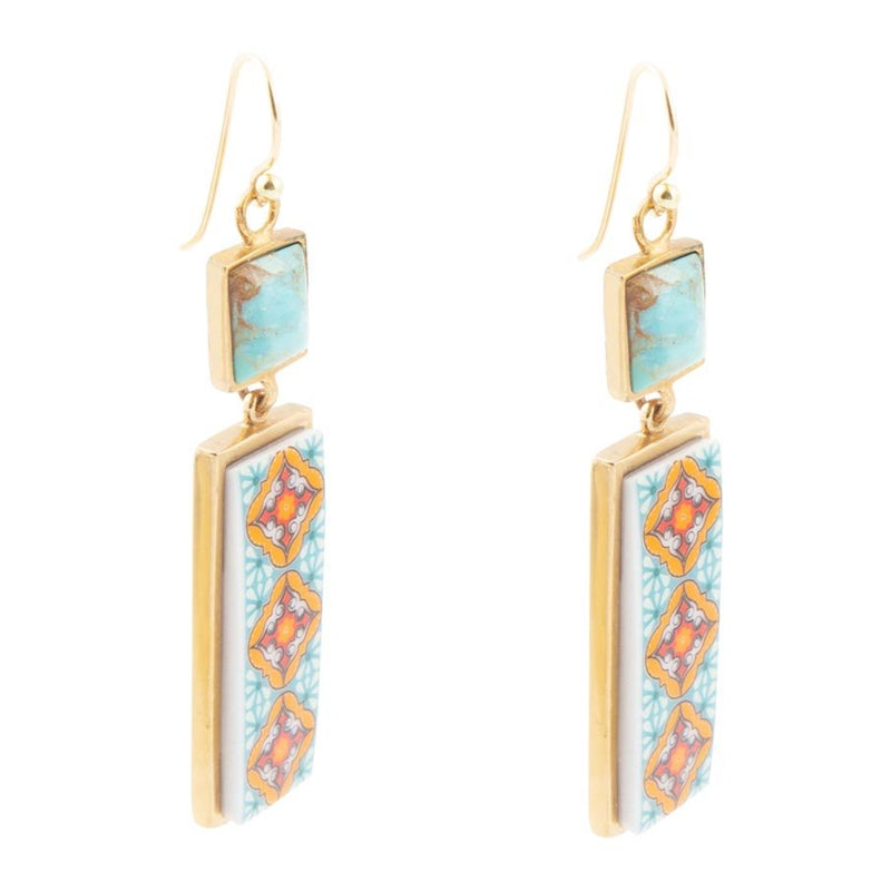 Talavera Tile and Blue Turquoise Golden Dangle Earrings - Barse Jewelry