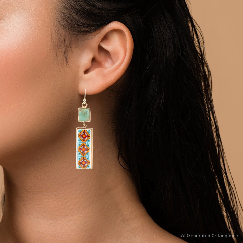 Talavera Tile and Blue Turquoise Golden Dangle Earrings - Barse Jewelry