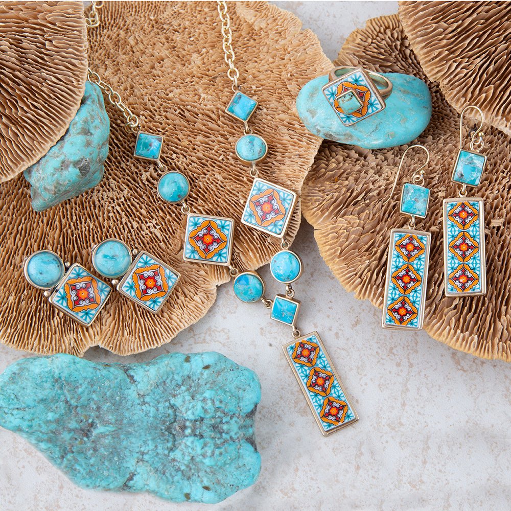 Talavera Tile and Blue Turquoise Golden Dangle Earrings - Barse Jewelry