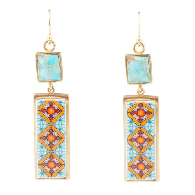Talavera Tile and Blue Turquoise Golden Dangle Earrings - Barse Jewelry