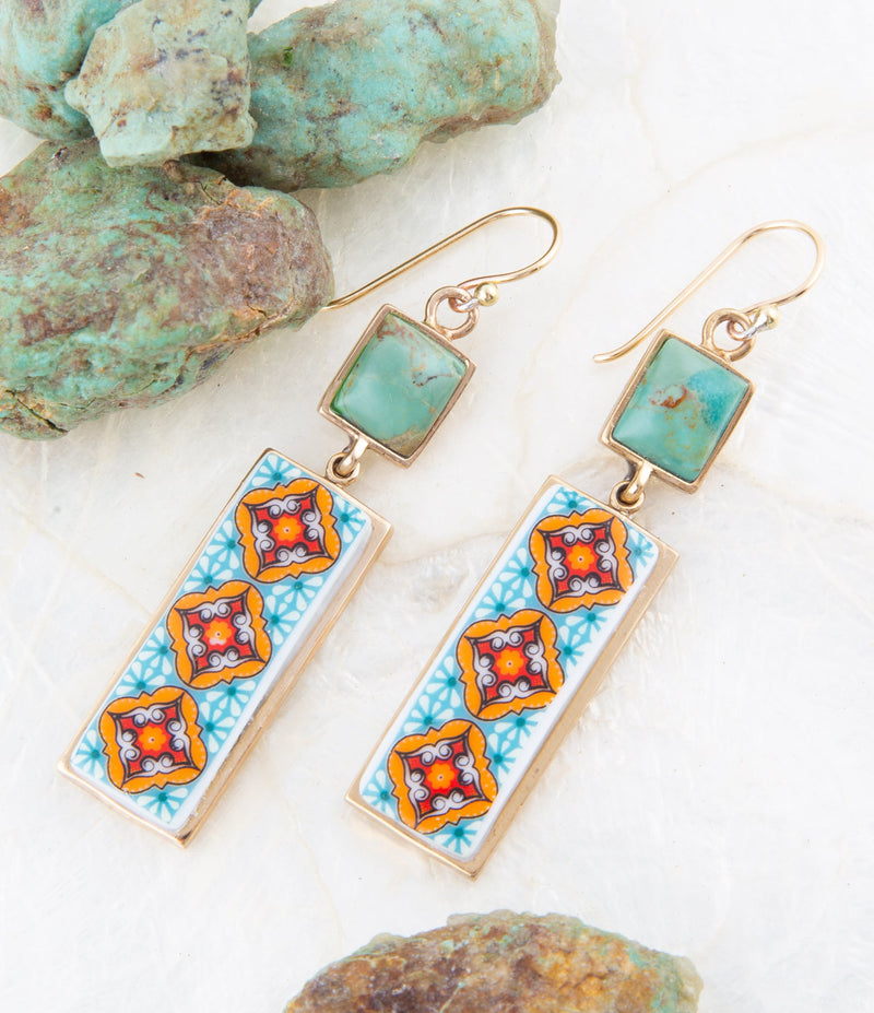 Talavera Tile and Blue Turquoise Golden Dangle Earrings - Barse Jewelry