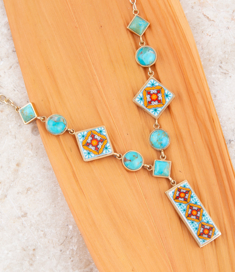 Talavera Tile and Blue Turquoise Golden Y - Neck - Barse Jewelry