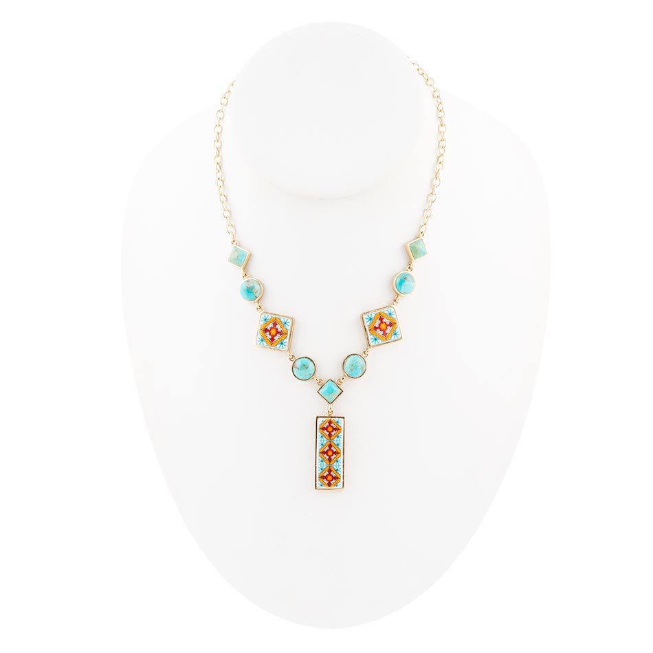 Talavera Tile and Blue Turquoise Golden Y - Neck - Barse Jewelry