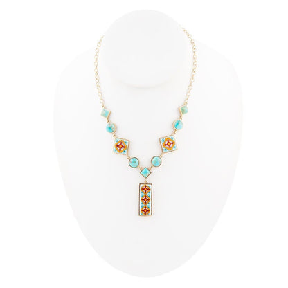 Talavera Tile and Blue Turquoise Golden Y - Neck - Barse Jewelry