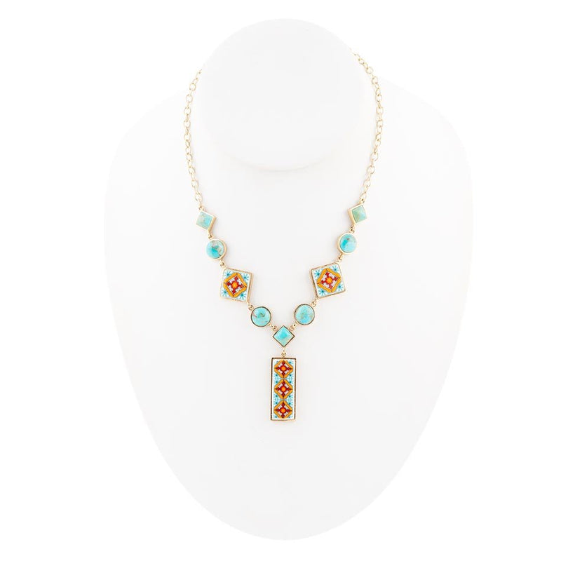 Talavera Tile and Blue Turquoise Golden Y - Neck - Barse Jewelry