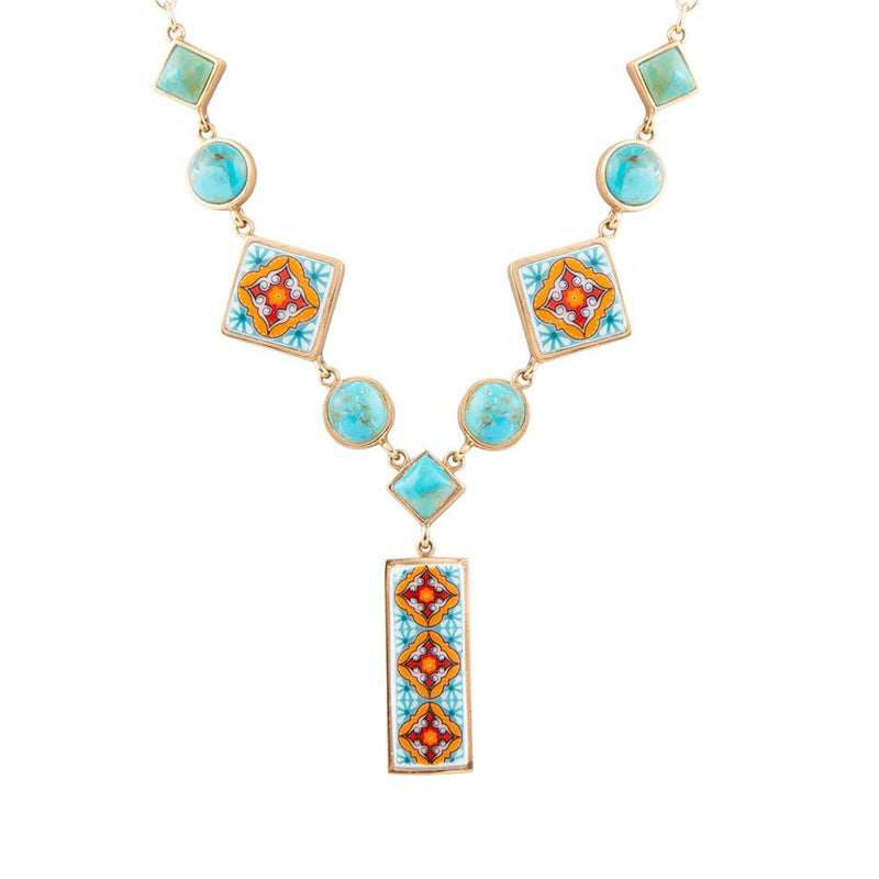 Talavera Tile and Blue Turquoise Golden Y - Neck - Barse Jewelry