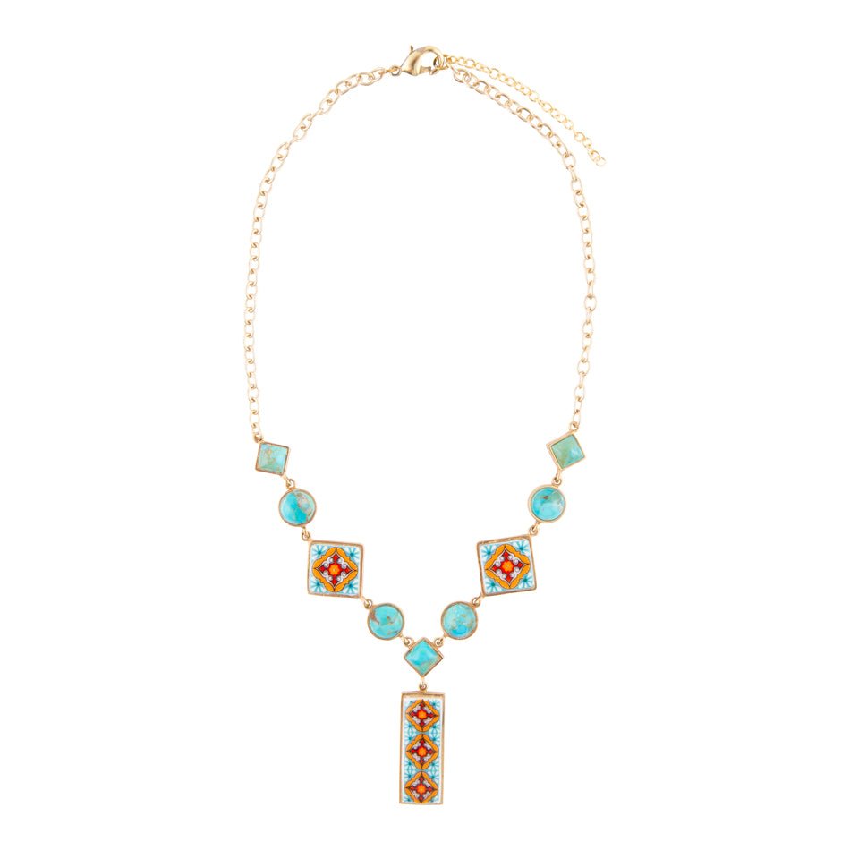 Talavera Tile and Blue Turquoise Golden Y - Neck - Barse Jewelry