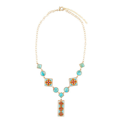 Talavera Tile and Blue Turquoise Golden Y - Neck - Barse Jewelry
