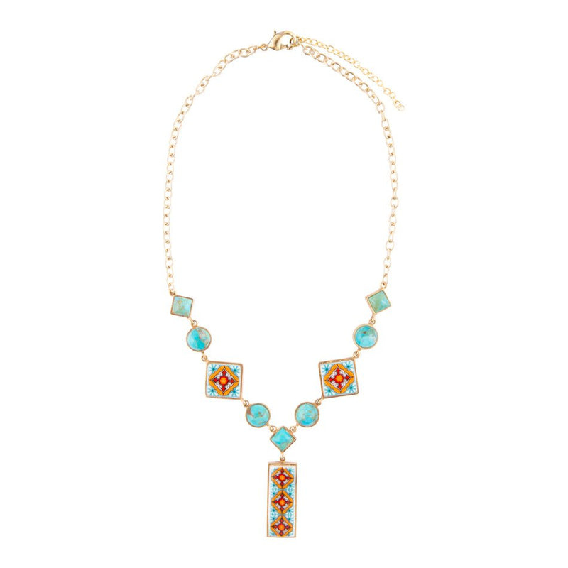 Talavera Tile and Blue Turquoise Golden Y - Neck - Barse Jewelry