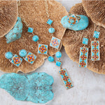 Talavera Tile Blue Turquoise Golden Drop Earrings - Barse Jewelry