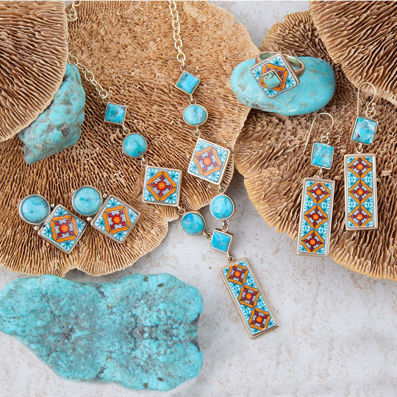 Talavera Tile Blue Turquoise Golden Drop Earrings - Barse Jewelry
