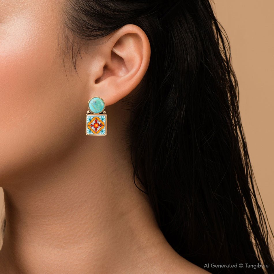 Talavera Tile Blue Turquoise Golden Drop Earrings - Barse Jewelry