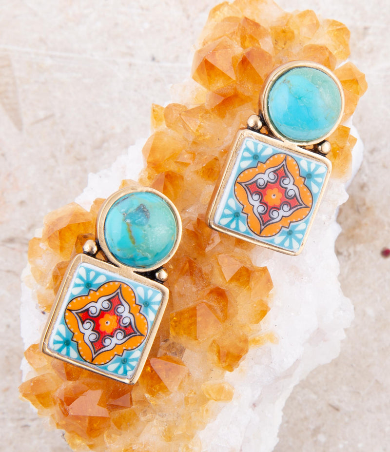 Talavera Tile Blue Turquoise Golden Drop Earrings - Barse Jewelry