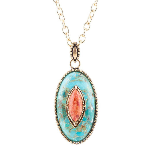 Tapestry Blue Turquoise and Orange Coral Golden Pendant Necklace