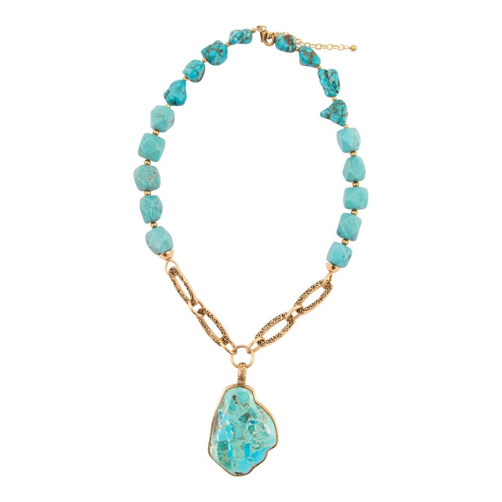 Thistle Blue Turquoise Golden Links Statement Necklace - Barse Jewelry