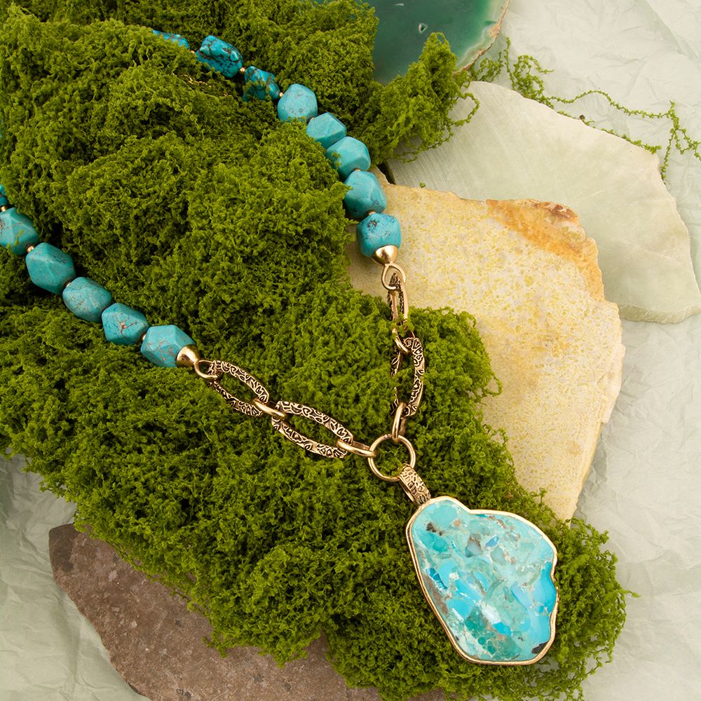 Thistle Blue Turquoise Golden Links Statement Necklace - Barse Jewelry