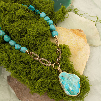 Thistle Blue Turquoise Golden Links Statement Necklace - Barse Jewelry