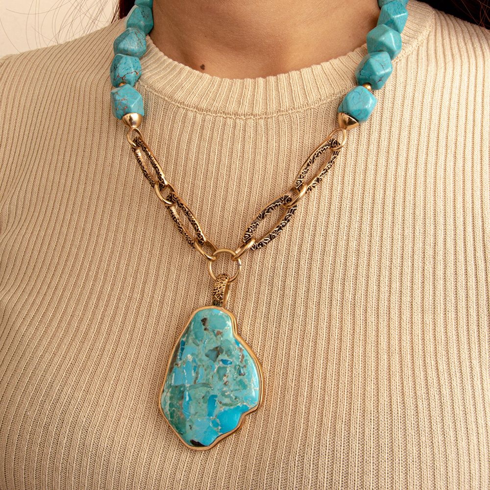 Thistle Blue Turquoise Golden Links Statement Necklace - Barse Jewelry
