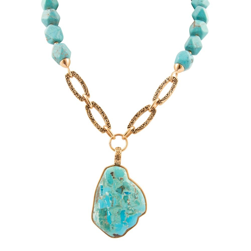 Thistle Blue Turquoise Golden Links Statement Necklace - Barse Jewelry