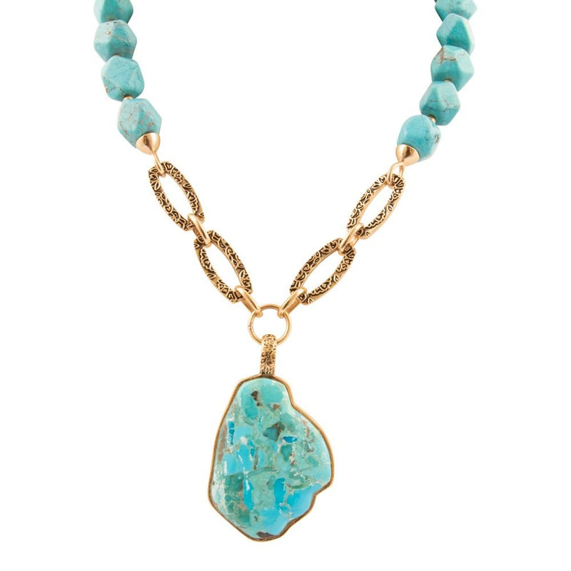 Thistle Blue Turquoise Golden Links Statement Necklace - Barse Jewelry