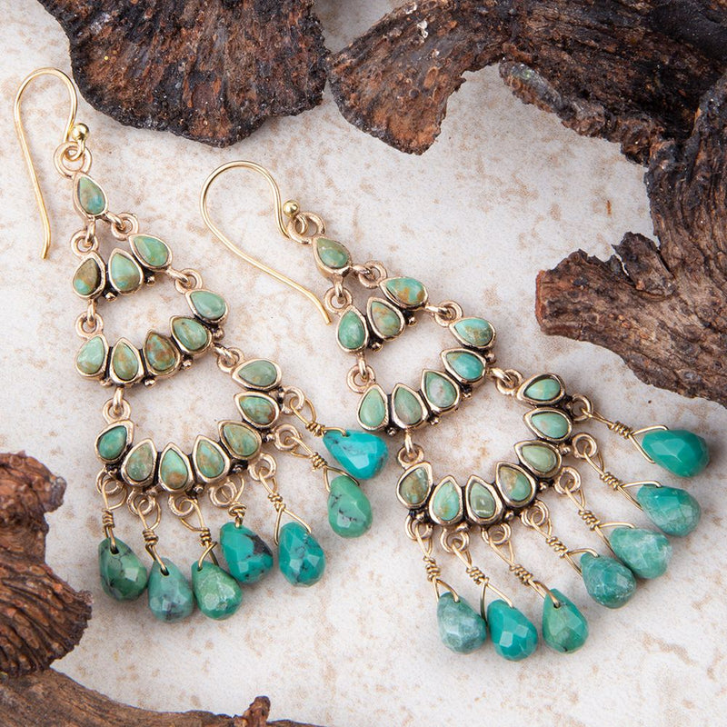 Thriple the Blue Turquoise Golden Chandelier Earrings - Barse Jewelry