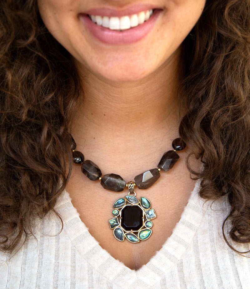 Tribecca Green Abalone and Brown Smoky Quartz Golden Statement Necklace - Barse Jewelry