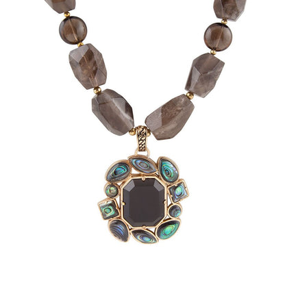 Tribecca Green Abalone and Brown Smoky Quartz Golden Statement Necklace - Barse Jewelry
