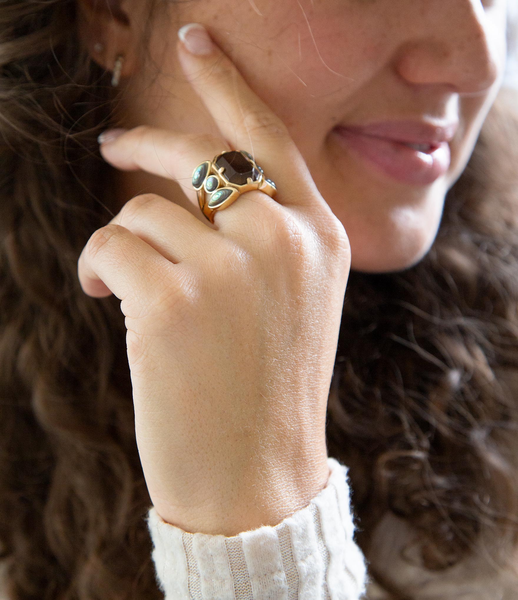 Tribecca Smoky Brown Quartz and Abalone Statement Golden Ring - Barse Jewelry