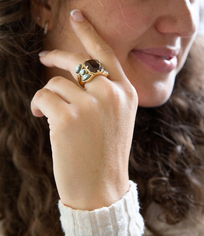 Tribecca Smoky Brown Quartz and Abalone Statement Golden Ring - Barse Jewelry