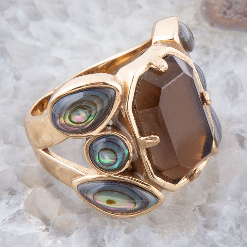 Tribecca Smoky Brown Quartz and Abalone Statement Golden Ring - Barse Jewelry