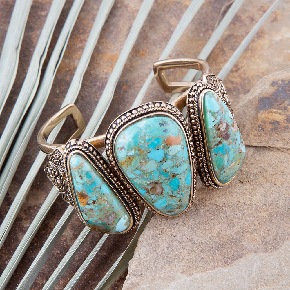 Trio Blue Turquoise Golden Cuff Bracelet - Barse Jewelry