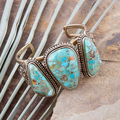Trio Blue Turquoise Golden Cuff Bracelet - Barse Jewelry