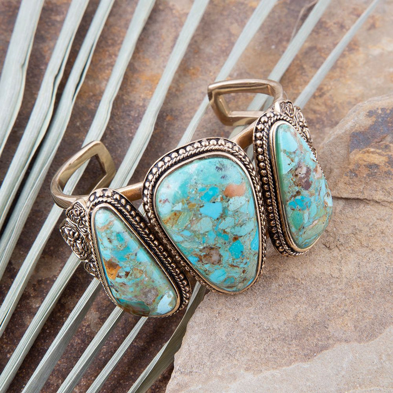 Trio Blue Turquoise Golden Cuff Bracelet - Barse Jewelry