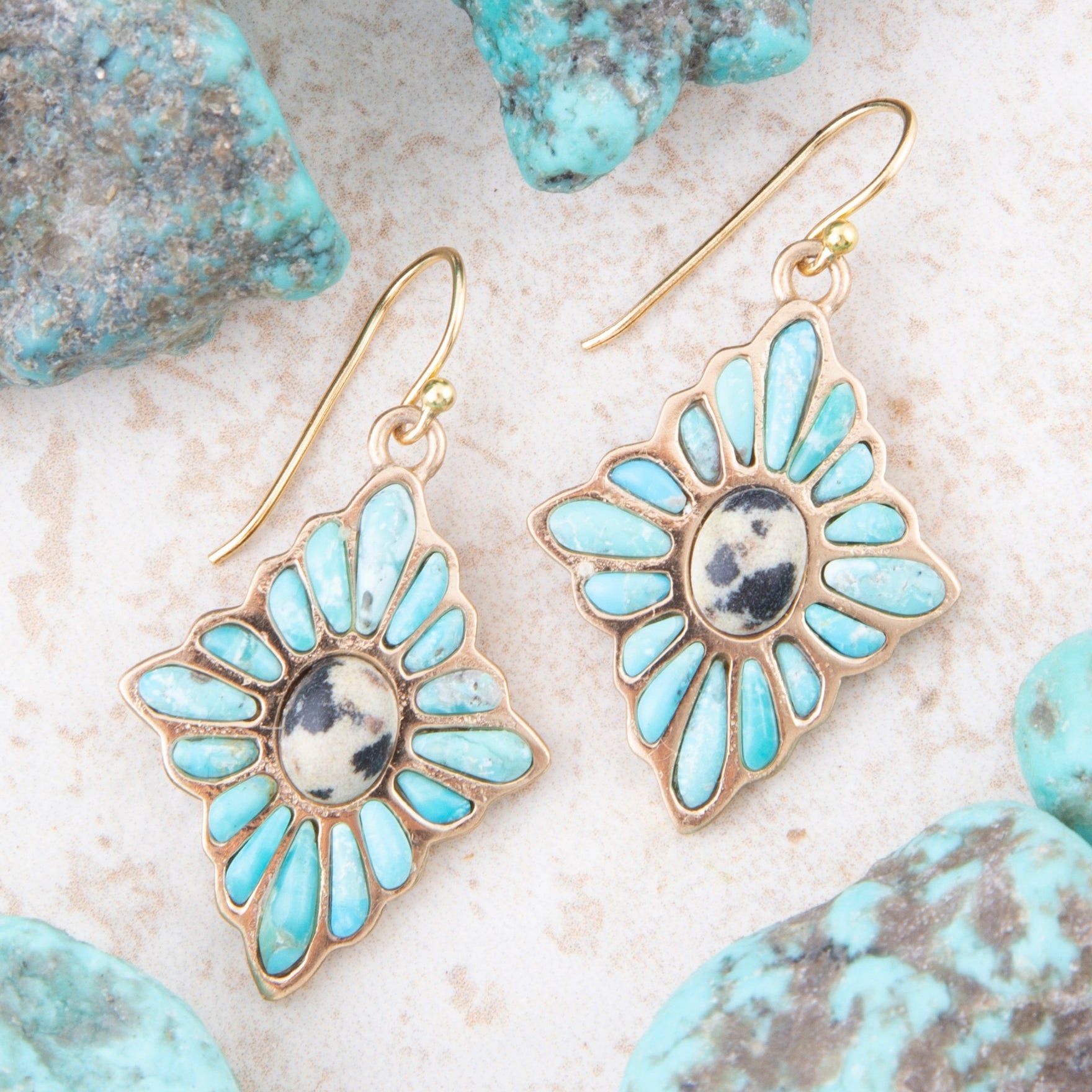 Tulum Blue Turquoise Golden Cross Earrings - Barse Jewelry