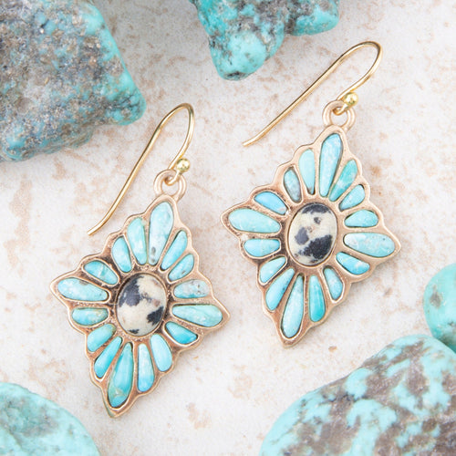 Tulum Blue Turquoise Golden Cross Earrings - Barse Jewelry