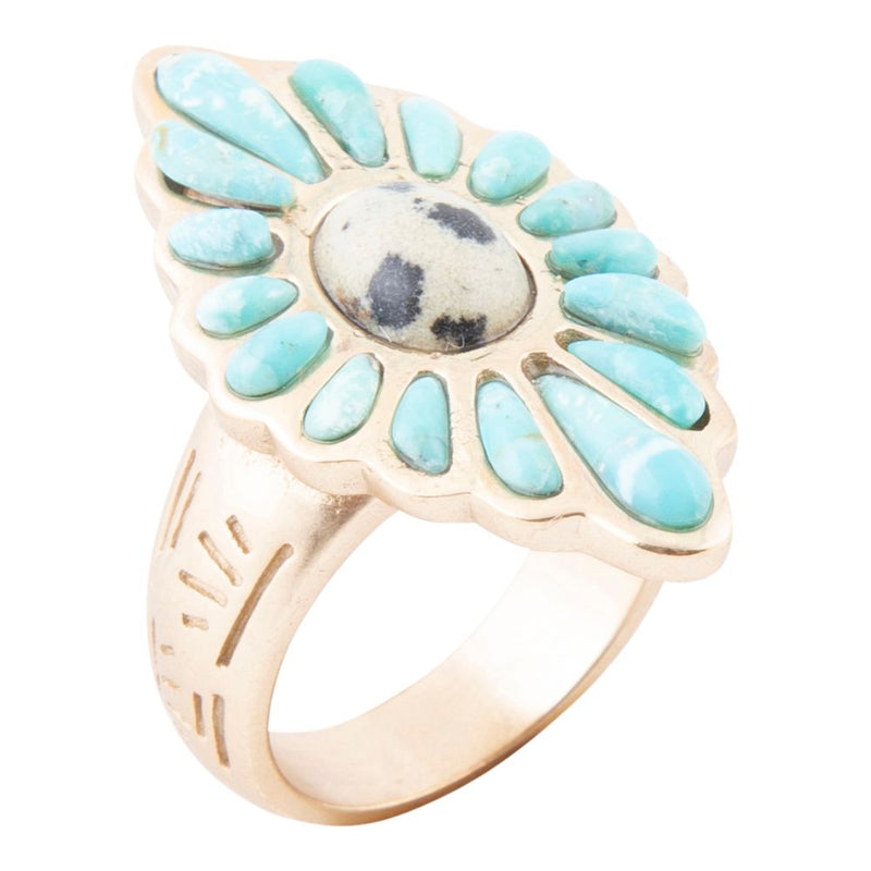 Tulum Blue Turquoise Golden Cross Ring - Barse Jewelry