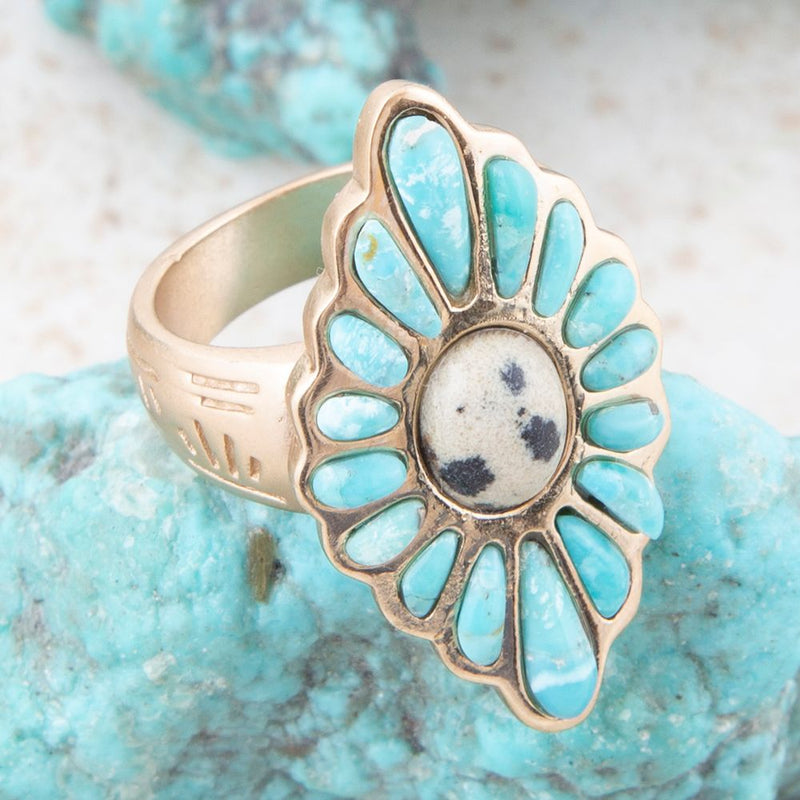 Tulum Blue Turquoise Golden Cross Ring - Barse Jewelry