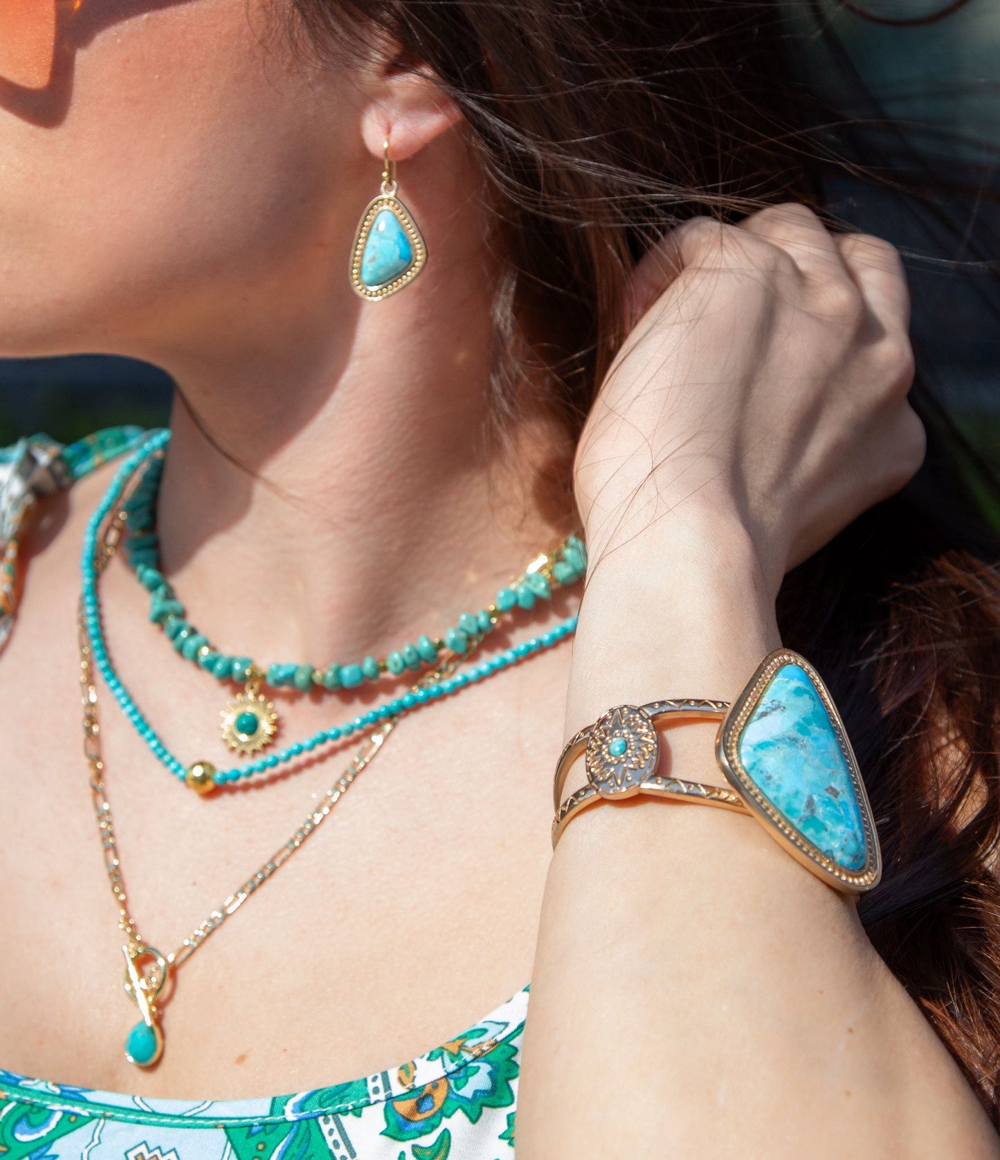 Tulum Blue Turquoise Golden Cuff Bracelet - Barse Jewelry