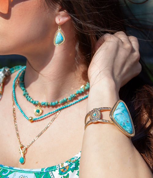 Tulum Blue Turquoise Golden Cuff Bracelet - Barse Jewelry