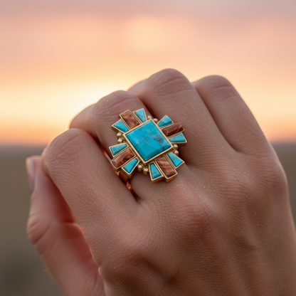 Turquoise and spiny oyster ring on cowgirl model with sunset background
