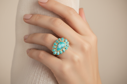 Turquoise cluster ring on model - petite and horizontal