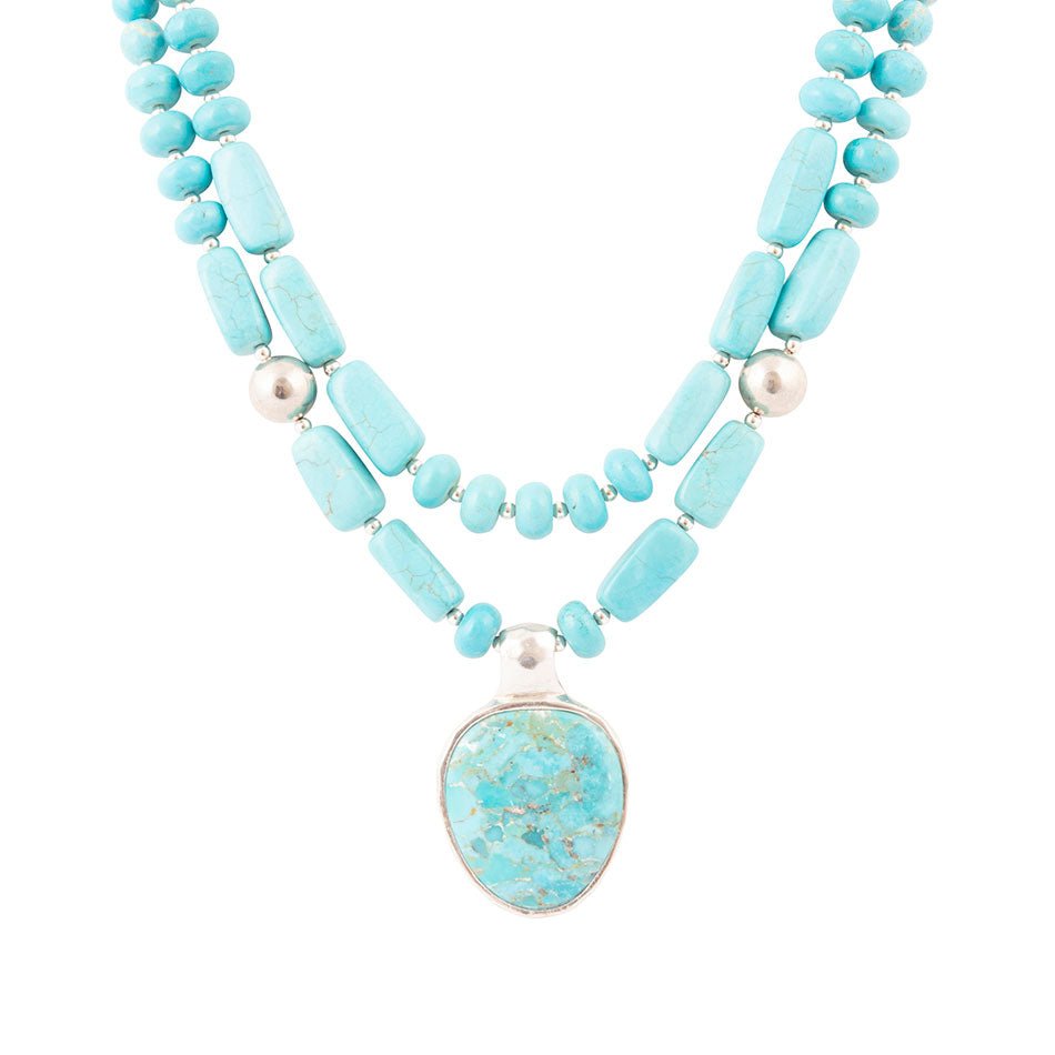 Double Stranded Blue Turquoise Silver Statement Pendant Necklace