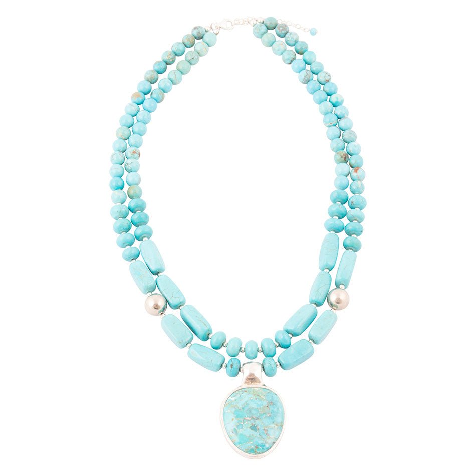 Double Stranded Blue Turquoise Silver Statement Pendant Necklace