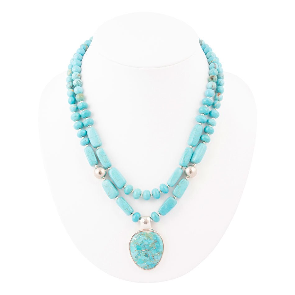 Double Stranded Blue Turquoise Silver Statement Pendant Necklace
