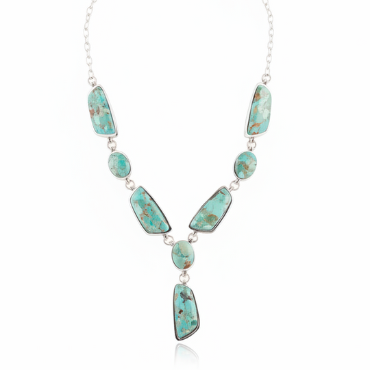 Genuine Blue Turquoise Sterling Silver Abstract Statement Necklace