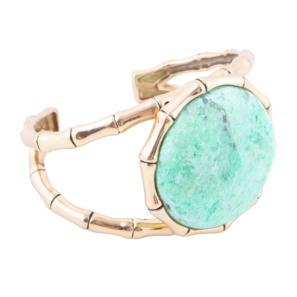 Vibrant Green Chrysoprase Golden Bamboo Statement Cuff Bracelet - Barse Jewelry