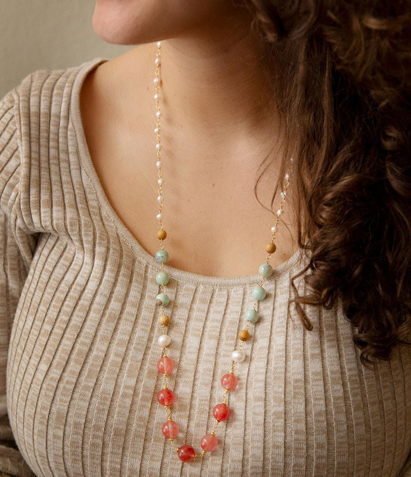 Watermalon Kiss Mint Jasper Golden Long Necklace - Barse Jewelry