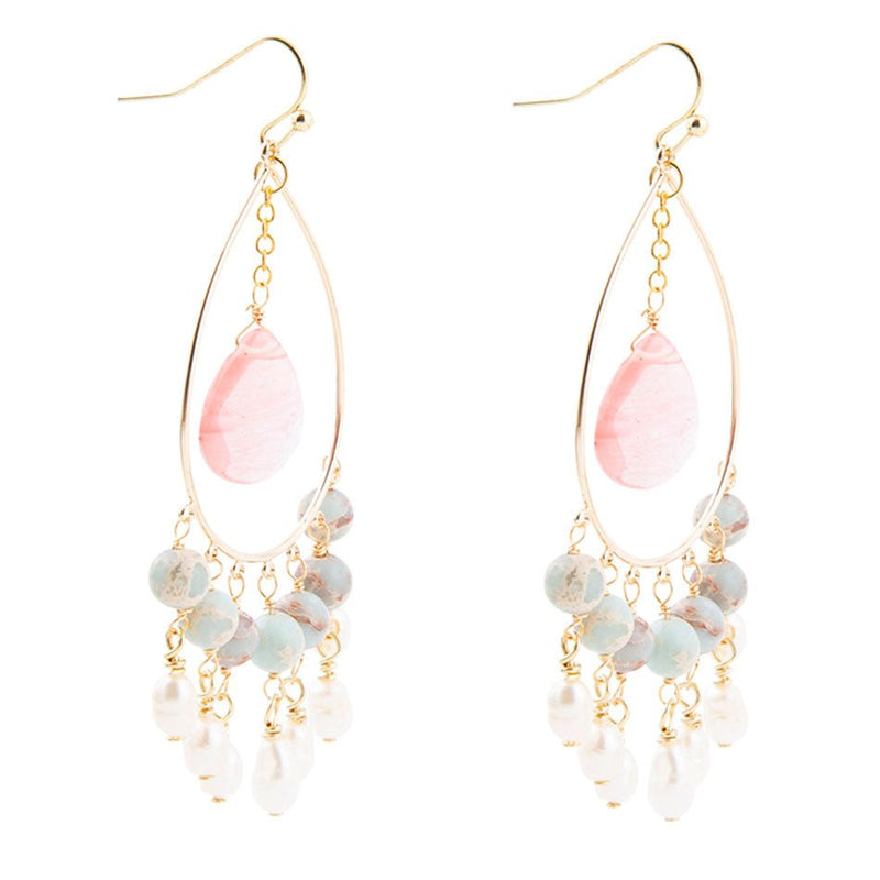 Watermelon Kiss Mint Blue Jasper Chandelier Golden Earrings - Barse Jewelry