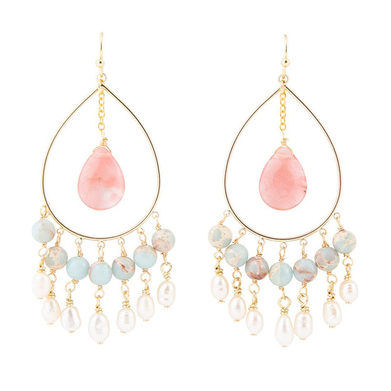 Watermelon Kiss Mint Blue Jasper Chandelier Golden Earrings - Barse Jewelry