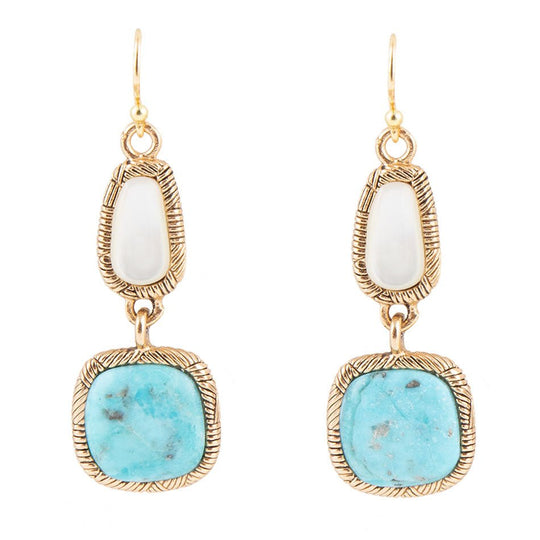 White Mother of Pearl and Blue turquoise Golden Bronze Drop Earrings